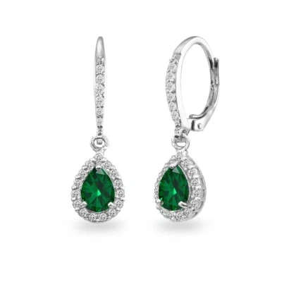 925 Silver Simulated Emerald Teardrop Dangle Halo Earrings with White Topaz - Image 1 of 3