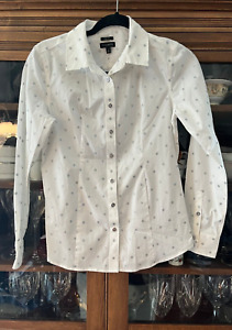 Talbots Women's Button Down Shirt Long Sleeve White Silver Polka Dots Size 2