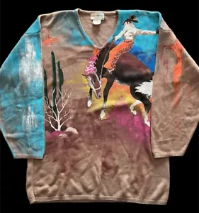 Vintage Kolorway V Neck Painted Sweater Size 1 Bucking Bronco Western - Picture 1 of 10