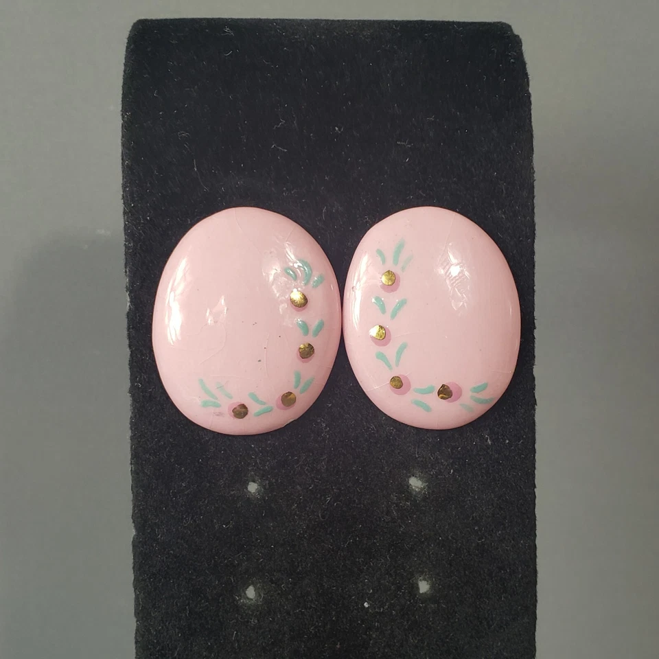 Studded Dangle Button Earrings Pink Retro Mid Century Modernist Pierced 1" - Изображение 1 из 4