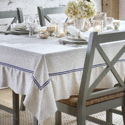 Rachel Ashwell Farmhouse Linen Ruffle Blue Stripe 60x120 Tablecloth Cottage Chic - Image 1 of 4