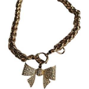 VTG Chunky Necklace Rhinestone Bow Spiga Wheat Chain Gold Tone Jewelry/16"L - Picture 1 of 4