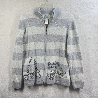 Quacker Factory Wool Blend Christmas Sweater Women’s S Gray Stripe Full Zip - Image 1 of 4