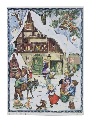 Vtg German Winter Festive Angels & Santa Paper Christmas Advent Calendar - Image 1 of 4