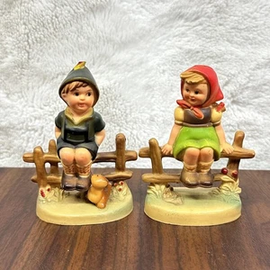 VTG Hong Kong Boy & Girl on Fence Figurines Pair Hummel Style Hard Plastic - Picture 1 of 9