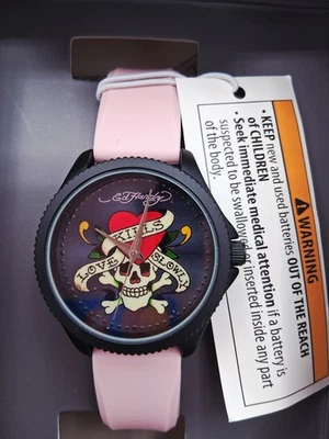 ED HARDY Love Kills Slowly Skull Ladies Watch  Pink Silicon Strap NEW - Image 1 of 4