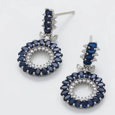 Pendientes colgantes de aro redondos de tanzanita azul creados en laboratorio de plata de ley 925 D80 Foto 1 de 4