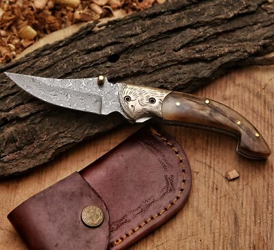 Custom Handmade Damascus Folding Knife With Sheep Horn Handle& Leather Cover - Image 1 of 4
