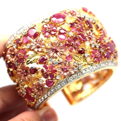 Gemstone Heated Red Ruby & White Zircon Triple Tone Bangle 925 Sterling Silver  - Image 1 of 4