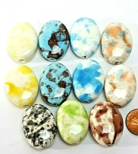 Lot x11 Ceramic Oval flat Beads yellow blue orangE brown marble loose 220lr-cb5 - Picture 1 of 3