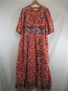Anthropologie Tribal Print Midi Dress Plus Size 20W Red Puff Sleeve Double Slit - Picture 1 of 10