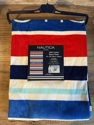Nautica Beach Pool Towel 100% Cotton Logo 35x66 Navy, Blue, Red & White Striped - Image 1 of 3