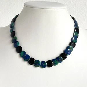 Vintage Azurite-Malachite Black Onyx 14k Gold Beaded Necklace Semiprecious Stone - Picture 1 of 7