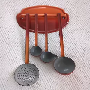Vintage Utensil Set Dutch Enamel Orange Kitchen Wall Hanging Set - Picture 1 of 20