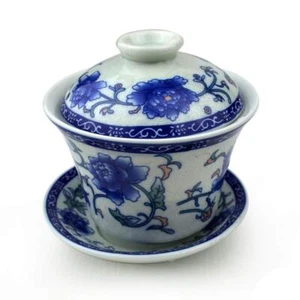 Gaiwan 5.5oz Chinese Penoy Teacup Qinghua Porcelain Cup Gongfu Tea Set Peony - Picture 1 of 7