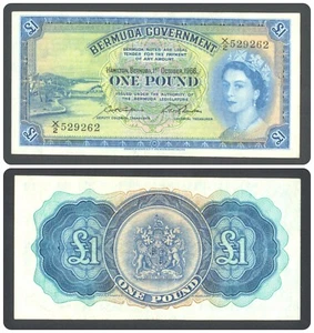 🔴BERMUDA  1 Pound 1966  XF AU   QEII  P20d   RARE BANKNOTE🔴  - Picture 1 of 3