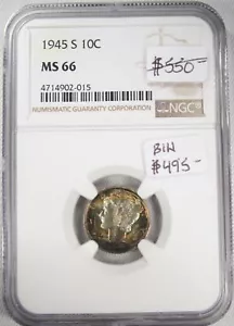 1945-S Silver Mercury Dime Rainbow Tone NGC MS 66 Certified Coin AG979 - Picture 1 of 7