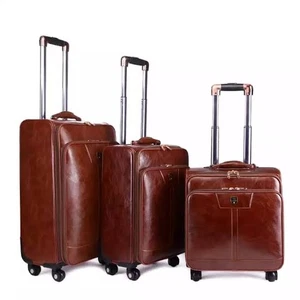 Leather Trolley Bag set of 3 check in Suitcase Leather Weekender Luggage - Picture 1 of 3