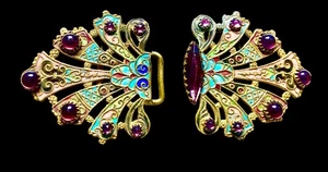 Antique Victorian Sash Buckle Gilt Brass Peacock Fan Enamel & Amethyst Glass - Picture 1 of 2