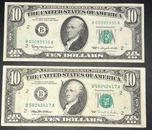 1963 & 1995 $10 Bills – Crisp NY B2 Notes – Ink Errors + Low Serial Rare Pair - Picture 1 of 3
