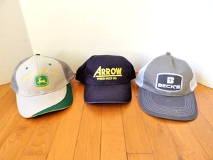 3 NEW FARM HATS CAPS JOHN DEERE ARENDS, ARROW SEED, BECK'S TRUCKER STYLE FARMERS - Picture 1 of 8