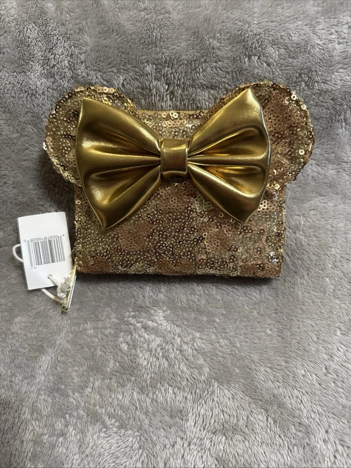 Cartera Loungefly Dorada Orejas y Lazo Lentejuelas Orejas Minnie Mouse Exclusiva de los Parques Disney Nueva con Etiquetas Foto 1 de 3