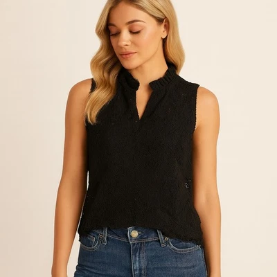 J. Cápsula Crew Talla M Encaje Volantes Cuello Forrado Sin Mangas Tanque Concha Oficina Trabajo Foto 1 de 4