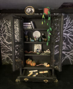 Dolls House Handmade Gothic Witches Cupboard Dresser Gold, Black & Accessories
