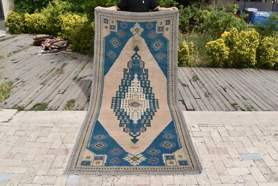 Turkish Rug 4x9 Size Handwoven Oushak 125x280cm Natural Soft Wool Blue Carpet - Image 1 of 4