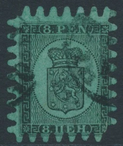 FINLAND - 1867 8Pen black Arms, roulette III, green paper, used – Facit # 6v1C3 - Picture 1 of 2