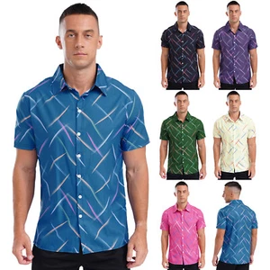 Mens Blouse Cruise Tops Party Shirt Colorful Striped Tee Tops Beach Work Shirt - Picture 1 of 90