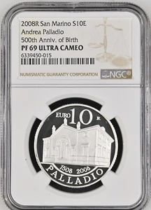 2008 SAN MARINO SILVER 10 EURO ANDREA PALLADIO 500TH BIRTH-NGC PF69 UC TOP POP - Picture 1 of 4