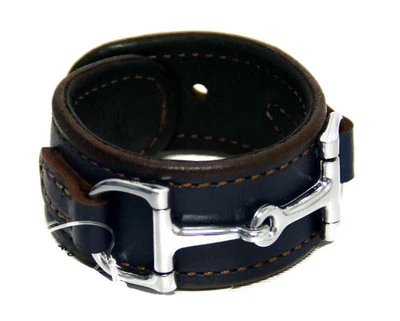Brazalete ancho de cuero con broca de caballo ecuestre herrajes plateados, AZUL Foto 1 de 3