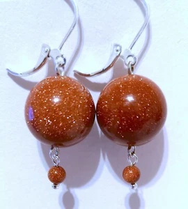 OUTSTANDING BIG (16MM) NATURAL GOLD SANDSTONE GEMSTONE EARRINGS - Picture 1 of 1