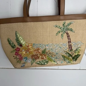 Cappelli Straw Purse Palm Tree Floral Tote Bag Summer Beach Coastal Boho - Picture 1 of 8