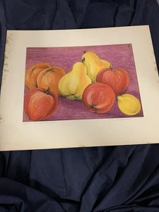 Tableau de pastels à l'huile de fruits 1966 Connie Traphenis bonnes pommes orange et poires - Photo 1/9