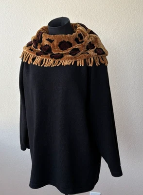 Victoria Harbour 女式毛衣 1x 码黑色棕色动物围巾领 — 第 1/4 张图片