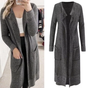 CAbi Lara Long Duster Knit Maxi Cardigan Sweater Grey Style 3166 Size Medium - Picture 1 of 9