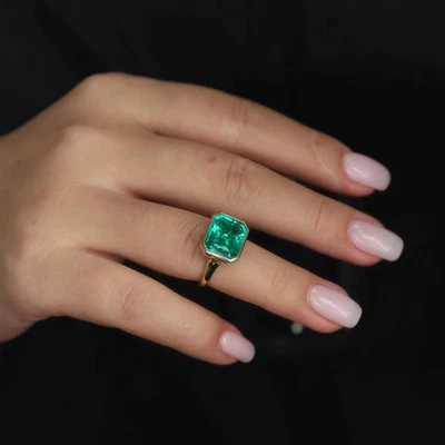 6 CT. Anillo de boda de oro amarillo macizo de 14 quilates con esmeralda natural de Zambia todos los tamaños Foto 1 de 4