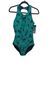 NWT LANDS END WOMEN ONE PIECE SWIMSUIT GREEN/BLUE LEAPS PRINT REMOVABLE CUP SIZE - Picture 1 of 7