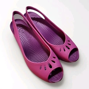 Crocs Mabyn Damen-Sandalen Fersenriemen Mini Keilabsatz zehenfrei Wild Orchid Größe 10 - Bild 1 von 3