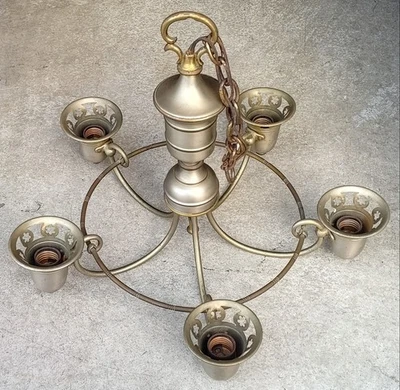 Vintage 1940s/50s Colonial Revival 5-Light Chandelier Nickel Plated Brass 19x14" - Image 1 of 4