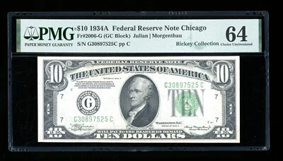 DBR 1934-A $10 FRN Chicago Fr. 2006-G PMG 64 Serial G30897525C - Image 1 of 2
