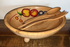 Vintage Footed Wooden Bowl w/Fruit Painting and Coordinating Serving Utensils - Picture 1 of 12