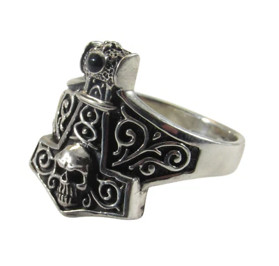 Anel masculino artesanal sólido prata esterlina 925 Thor's Hammer caveira pirata  - Imagem 1 de 4