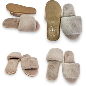 Ladies Dusky Pink Fluffy Slippers - Soft, Padded with Rubber Sole - Sizes 36-41 - Picture 1 of 5