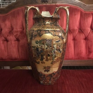 Huge Satsuma Vase 3 Handles Moriage Heavy Gold Decoration 18.5” - Picture 1 of 10