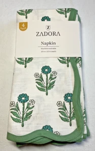 ZADORA Servietten (4) GRÜN BLAU WEISS BLUMEN 20 X 20 100 % BAUMWOLLE NEU IN VERPACKUNG - Bild 1 von 2