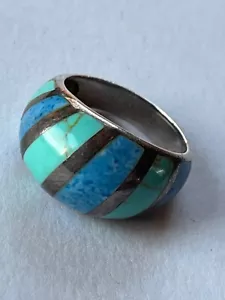 Alternating Turquoise & Denim 925 Marked Silver Striped Slightly Domed Band Ring - Picture 1 of 9