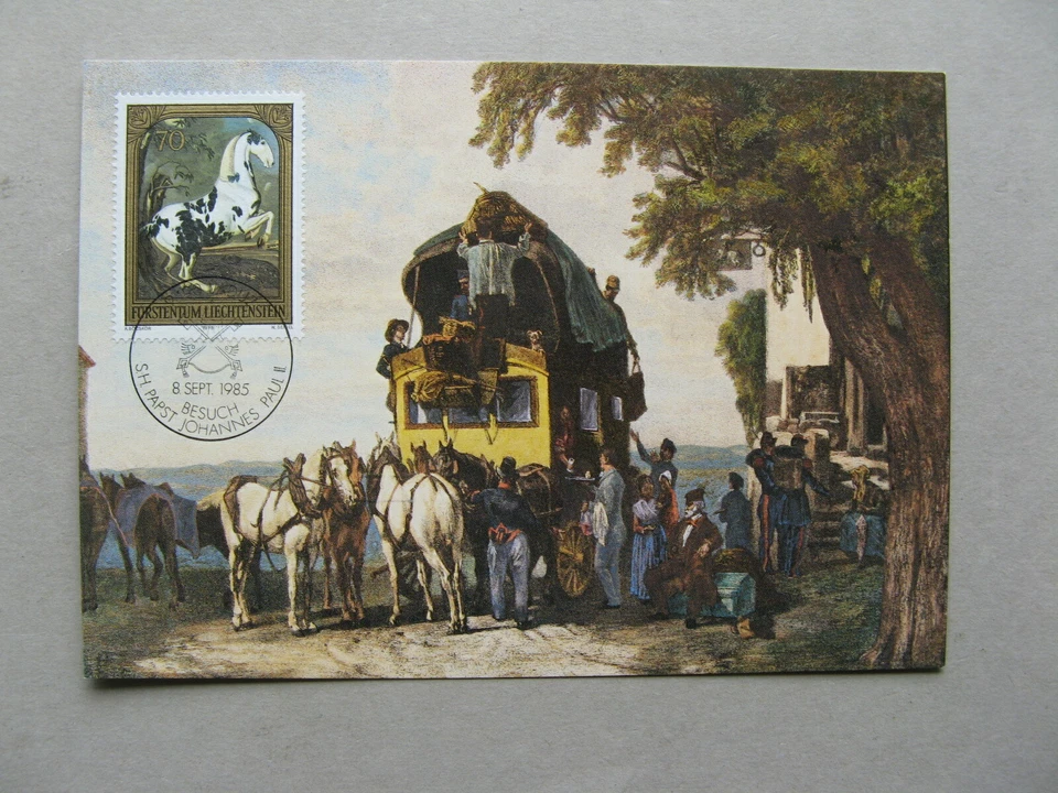 LIECHTENSTEIN, maxi tarjeta máxima 1985, caballo, canc visita Papa Juan Pablo II Foto 1 de 1